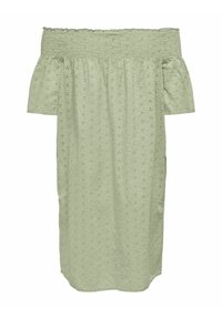 Grön, axelbandslös klänning i lättviktsmaterial. Har smockdetaljer vid halsringningen och ett ögonliknande mönster genom hela plagget.