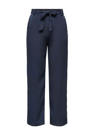 Pantalon large bleu marine avec taille ceinturée et texture lisse, offrant une coupe décontractée et des poches latérales pour plus de fonctionnalité.