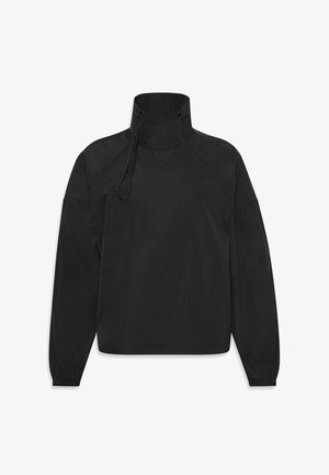 Black lightweight jacket with a high collar, zip closure, elastic cuffs, and logo on the front, made from smooth, water-resistant material.