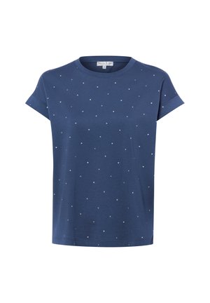 Granatowy T-shirt z krótkim rękawem, ozdobiony drobnymi, rozsypanymi białymi wzorami serc oraz okrągłym dekoltem.