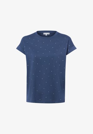 Granatowy T-shirt z krótkim rękawem, ozdobiony drobnymi, rozsypanymi białymi wzorami serc oraz okrągłym dekoltem.