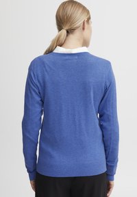 Pull en tricot bleu avec des manches longues, un col rond et des poignets côtelés. Texture douce, design ajusté avec un ourlet arrière légèrement plus court.