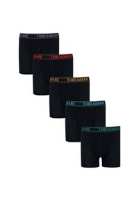 Set di boxer neri dotati di etichette per il cinturino di vari colori: viola, rosso, giallo, blu e verde; realizzati in morbido tessuto elasticizzato.
