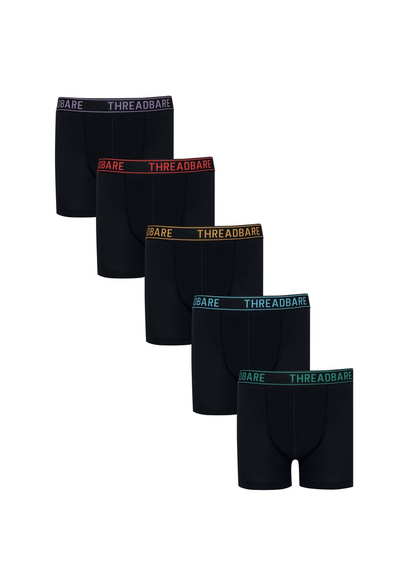 Set di boxer neri dotati di etichette per il cinturino di vari colori: viola, rosso, giallo, blu e verde; realizzati in morbido tessuto elasticizzato.