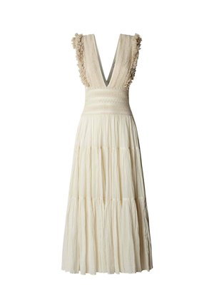 Cremefarbenes ärmelloses Maxikleid mit tiefem V-Ausschnitt, geraffter Taille, gestuftem fließendem Rock und Rüschenbesatz an den Schultern.