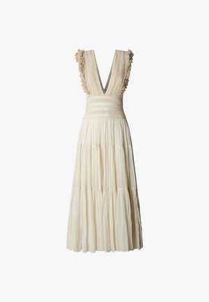 Cremefarbenes ärmelloses Maxikleid mit tiefem V-Ausschnitt, geraffter Taille, gestuftem fließendem Rock und Rüschenbesatz an den Schultern.