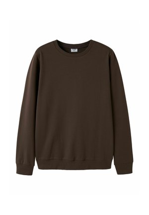 Sweat-shirt marron foncé à manches longues, col rond, avec poignets et ourlet côtelés sur fond blanc.
