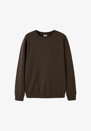 Sweat-shirt marron foncé à manches longues, col rond, avec poignets et ourlet côtelés sur fond blanc.