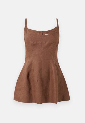 Brown linen dress with a fitted bodice, flared hem, and adjustable shoulder straps. Back zip closure and subtle seam detailing.