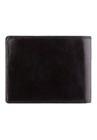 Billetera de cuero negro con una textura suave, forma rectangular y bordes cosidos, que muestra un diseño minimalista sin adornos visibles.