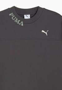 Grå bomulds t-shirt med ribbet rund hals, vandret søm, hvidt broderet logo og "PUMA" tekst nær halsudskæringen.