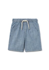 Shorts rayés bleus en tissu léger, avec une taille élastique, un cordon de serrage et des poches latérales.