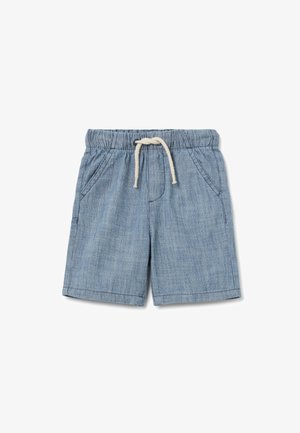 Shorts rayés bleus en tissu léger, avec une taille élastique, un cordon de serrage et des poches latérales.