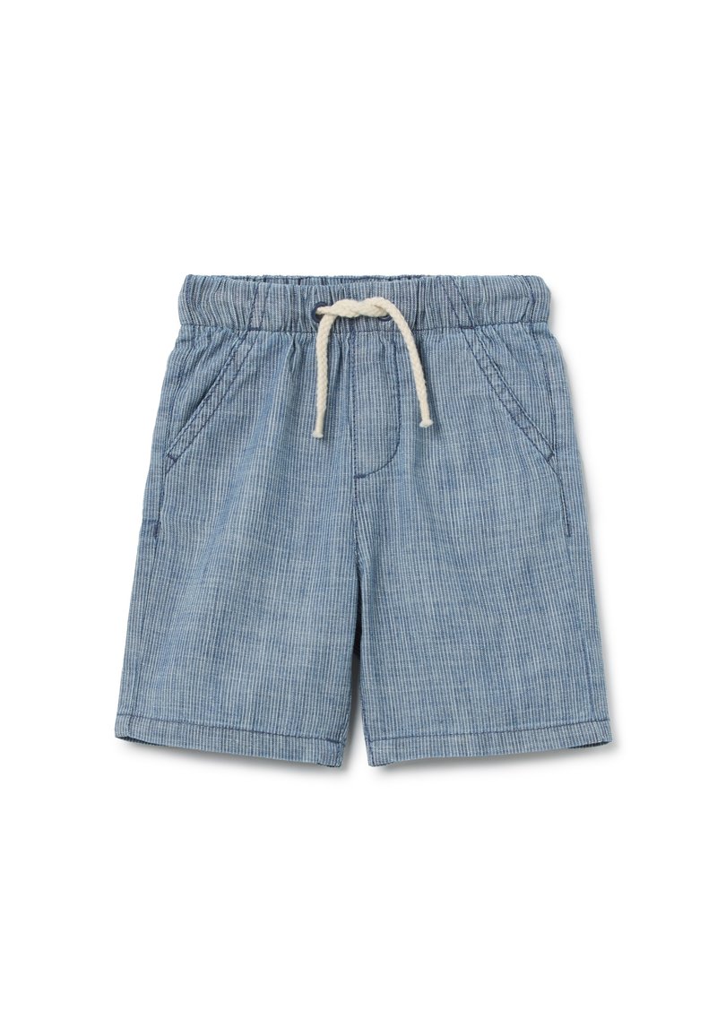 Shorts rayés bleus en tissu léger, avec une taille élastique, un cordon de serrage et des poches latérales.