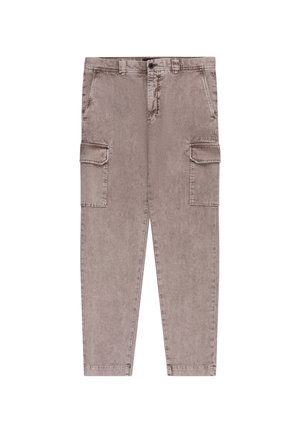 Beige taps toelopende cargobroek met zijflapzakken, voorste schuine zakken, riemlussen en knoopsluiting.