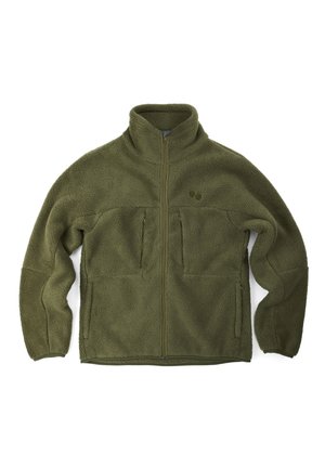 Olive green fleece jacket with a high collar, two zippered chest pockets, and a smooth zipper. Fabric features a soft, textured finish.