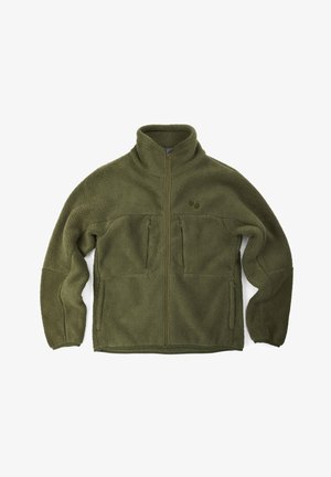 Olive green fleece jacket with a high collar, two zippered chest pockets, and a smooth zipper. Fabric features a soft, textured finish.