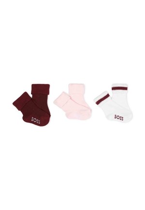 Ensemble de trois paires de chaussettes en coton : bordeaux, rose pâle et blanc. Chaque paire est dotée d'un revers côtelé ; logo "BOSS" sur le côté.