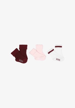 Ensemble de trois paires de chaussettes en coton : bordeaux, rose pâle et blanc. Chaque paire est dotée d'un revers côtelé ; logo "BOSS" sur le côté.