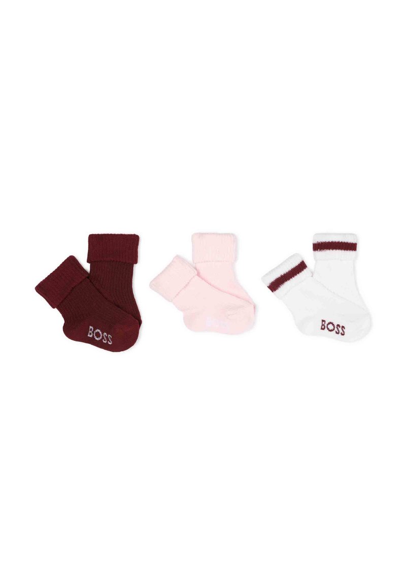 Ensemble de trois paires de chaussettes en coton : bordeaux, rose pâle et blanc. Chaque paire est dotée d'un revers côtelé ; logo "BOSS" sur le côté.