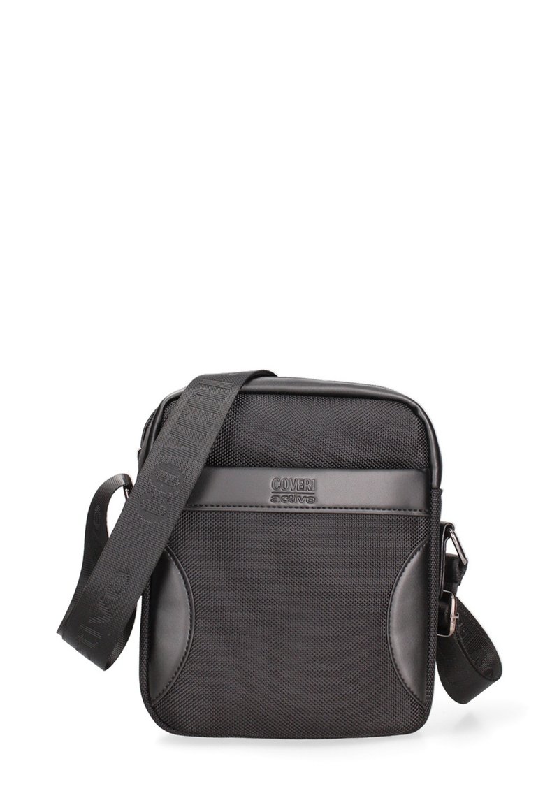 Borsa a tracolla nera realizzata in tessuto resistente, con una superficie texture, tracolla regolabile e dettagli lisci per un tocco in più.