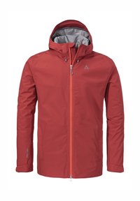 Rote wasserdichte Jacke mit grauem Innenfutter, verstellbare Kapuze und Vorderreißverschluss. Verfügt über Seitentaschen und Venturi-Branding am Ärmel.