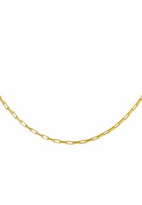 Collar de cadena de oro con eslabones rectangulares alargados e interconectados. Textura suave con un acabado pulido. Diseño ligero y flexible.