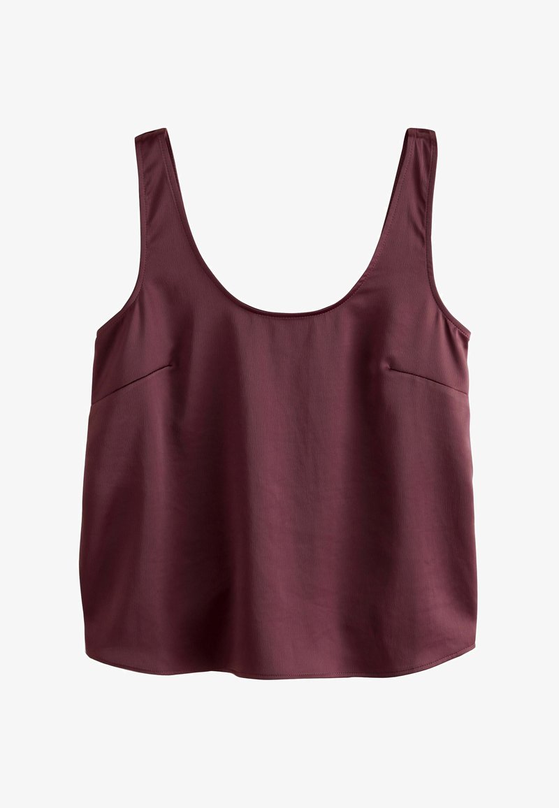 Sleeveless dark purple satin tank top with wide shoulder straps and a rounded scoop neckline.