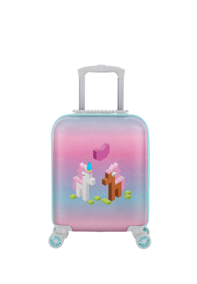Valigia rigida con un design a gradiente rosa e blu, che presenta due unicorni in stile cartone animato. Include ruote trasparenti e manico estraibile.