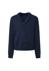 Cardigan blu navy con colletto a scialle, lavorazione a maglia strutturata e sei bottoni neri. Le maniche a coste e l'orlo completano il design casual.