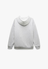 Grauer Hoodie mit weicher Textur, ausgestattet mit einer großen Kapuze, langen Ärmeln und gerippten Bündchen sowie Saum. Die Rückansicht zeigt ein schlichtes Design.