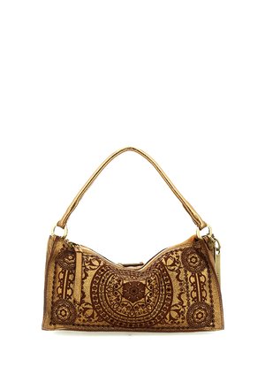 Borsa a mano in pelle marrone con motivi floreali e geometrici intricati, chiusura con zip e una maniglia curva singola.