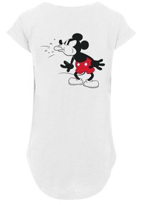 Biele tričko s krátkym rukávom s čiernym a červeným grafickým zobrazením Mickey Mousa na zadnej strane, zaobleným lemom a jemnou textúrou.