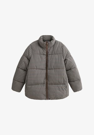Gewatteerde jas met een hoge kraag, voorzien van een bruine en zwarte houndstoothpatroon, een ritssluiting aan de voorkant en zijzakken.