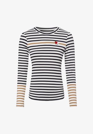 Langärmliges Shirt mit schwarz-weißen horizontalen Streifen, beigefarbenem Streifen über der Brust und an den Manschetten sowie einem kleinen Herz-Patch auf der linken Brust.