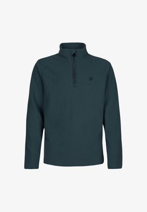Fleecová mikina v tmavě modrozelené barvě s polovičním zipem, plochými švy a jemným logem na přední straně pro čistý, minimalistický vzhled.
