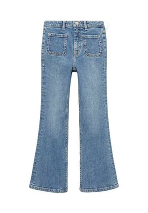 Plave traperice s flares krojem i srednjim strukom, sa dva stražnja džepa i klasičnim dizajnom s pet džepova. Tkanina ima glatku teksturu.