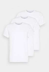 Three plain white cotton t-shirts with short sleeves. Each has a crew neck with a gray inner trim, featuring a smooth, solid texture.