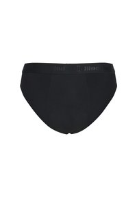 Sous-vêtements noirs de style slip avec une taille douce arborant un logo ton sur ton. Texture lisse et coupe adaptée pour le confort.