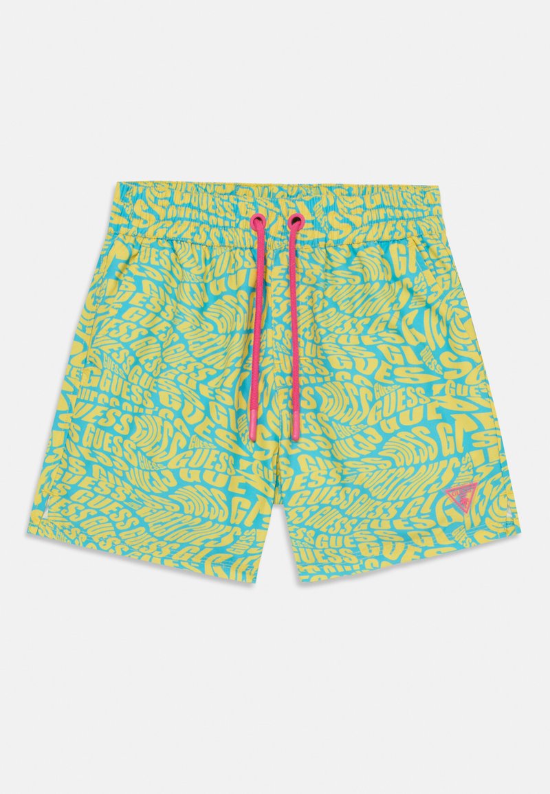 Costumi da bagno multicolore in giallo e teal, che presentano un motivo a vortice con il logo "GUESS", vita elasticizzata con coulisse rosa e un piccolo accento con logo.