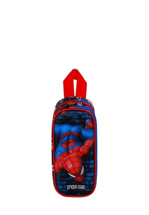 Estuche de lápices rojo y azul con gráfico de Spider-Man, cierre de doble cremallera y asa de transporte roja. Tela suave con detalles impresos.