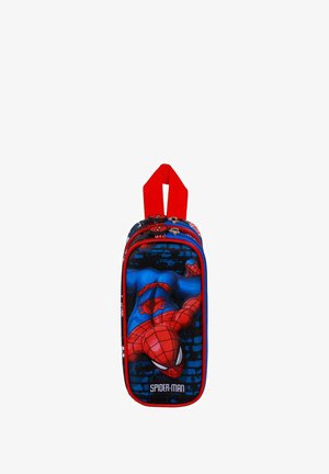 Trousse rouge et bleue avec un graphique de Spider-Man, fermeture à double zip et poignée de transport rouge. Tissu lisse avec détails imprimés.