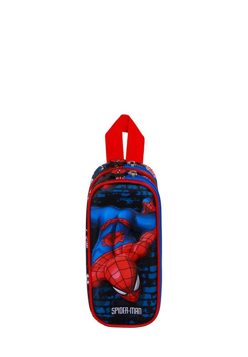 Trousse rouge et bleue avec un graphique de Spider-Man, fermeture à double zip et poignée de transport rouge. Tissu lisse avec détails imprimés.