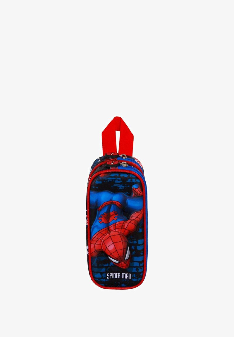 Trousse rouge et bleue avec un graphique de Spider-Man, fermeture à double zip et poignée de transport rouge. Tissu lisse avec détails imprimés.