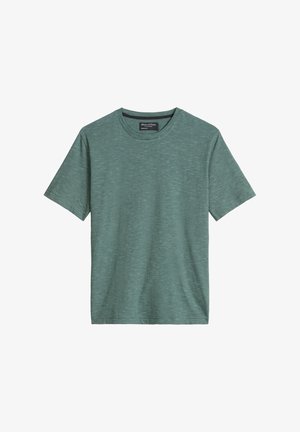 Groen gestreept t-shirt van zachte stof, met een ronde hals en korte mouwen, voorzien van fijne horizontale lijnen in een subtiel patroon.