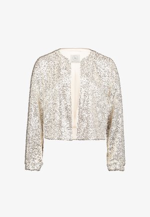 Gekürzte Jacke aus schimmernden silbernen Pailletten mit langen Ärmeln und rundem Ausschnitt. Offenes Frontdesign, glattes Innenfutter.