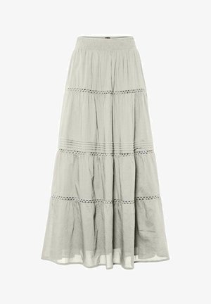 Ilgas, sluoksniuotas sijonas iš šviesiai pilkos medžiagos su minkšta tekstūra. Turi dekoratyvinį siuvimą, elastinę juosmenį ir laisvai krentančią formą.