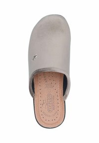 Gray suede slip-on clog with a rounded toe, tan perforated insole, and embossed logo detail. Black outsole visible at the back.