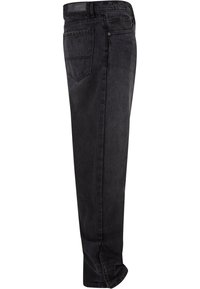 Black denim jeans with a straight leg design, featuring back pockets and a waistband label. Fabric has a soft, smooth texture.