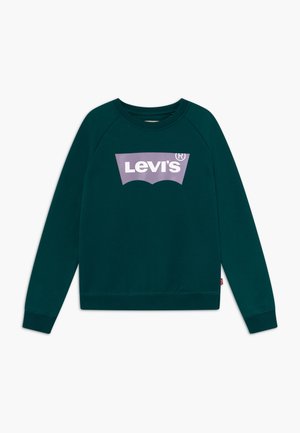Grüner Sweatshirt mit Rundhalsausschnitt und Raglanärmeln, mittig mit einem lila Levi's-Logo versehen. Hergestellt aus weichem, strukturiertem Stoff.